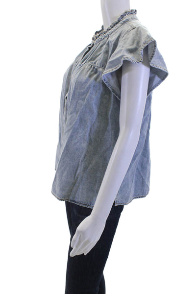 Rails Womens Light Blue High Neck Short Sleeve Button-Up Blouse Bohemian Size M