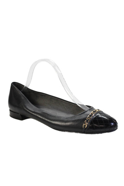 Stuart Weitzman Womens Leather Chain Accent Quilted Detail Flats Black Size 9