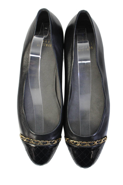 Stuart Weitzman Womens Leather Chain Accent Quilted Detail Flats Black Size 9