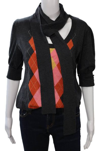 Escada Sport Womens V-Neck Argyle Merino Tie 3/4 Sleeve Dark Gray Size M