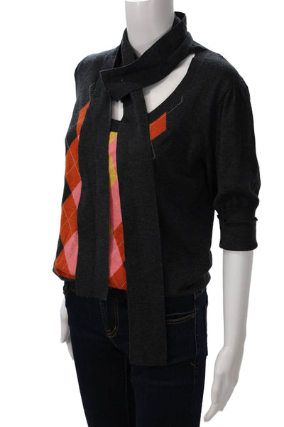 Escada Sport Womens V-Neck Argyle Merino Tie 3/4 Sleeve Dark Gray Size M