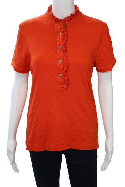 Tory Burch Womens Basic Short Sleeve Button Up High Neck Orange Top Size L