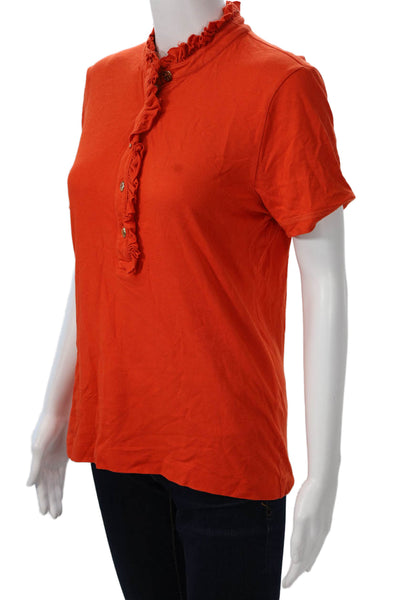 Tory Burch Womens Basic Short Sleeve Button Up High Neck Orange Top Size L