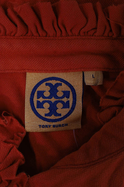 Tory Burch Womens Basic Short Sleeve Button Up High Neck Orange Top Size L
