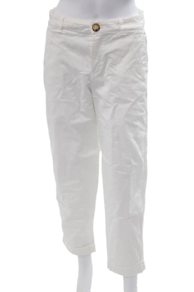 Zara Women Ankle Cropped Chino Pants White Cotton Blend Button Size 4