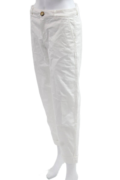 Zara Women Ankle Cropped Chino Pants White Cotton Blend Button Size 4