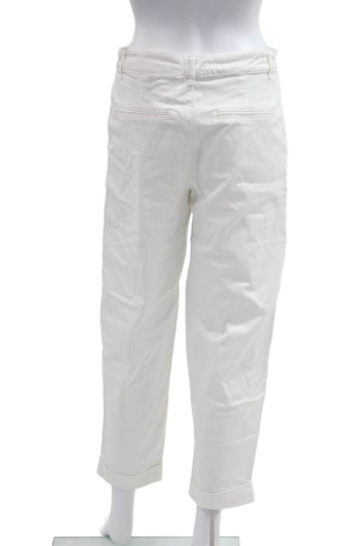 Zara Women Ankle Cropped Chino Pants White Cotton Blend Button Size 4