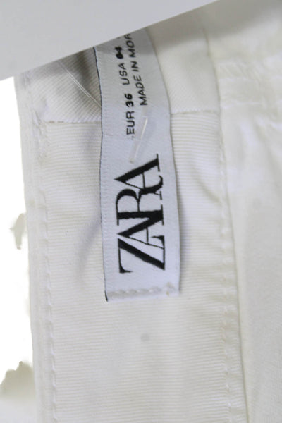 Zara Women Ankle Cropped Chino Pants White Cotton Blend Button Size 4