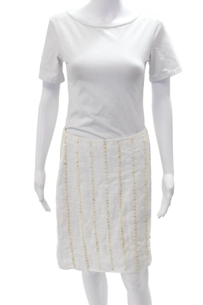 J Crew Women Straight Pencil Skirt White Striped Linen Short Size 2