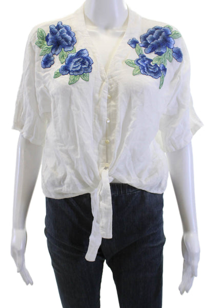 Rails Women Kimono Blouse White Floral Linen Short Sleeve Button Up Size S