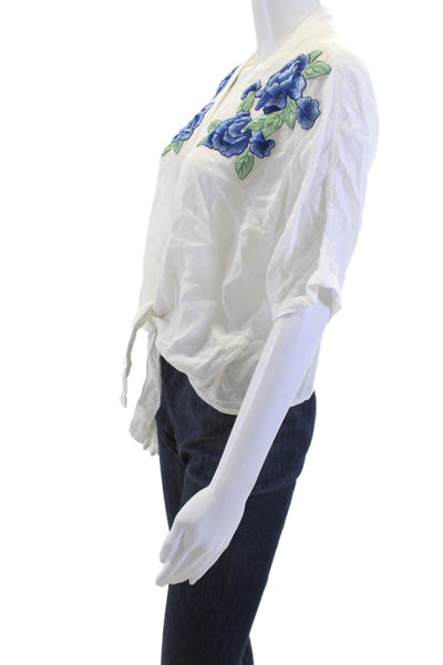 Rails Women Kimono Blouse White Floral Linen Short Sleeve Button Up Size S
