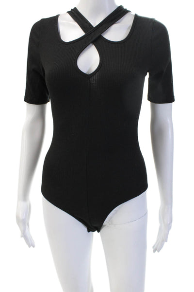 Aqua Women Black Polyester V Neck Sleeveless Solid Bodysuit Size XS