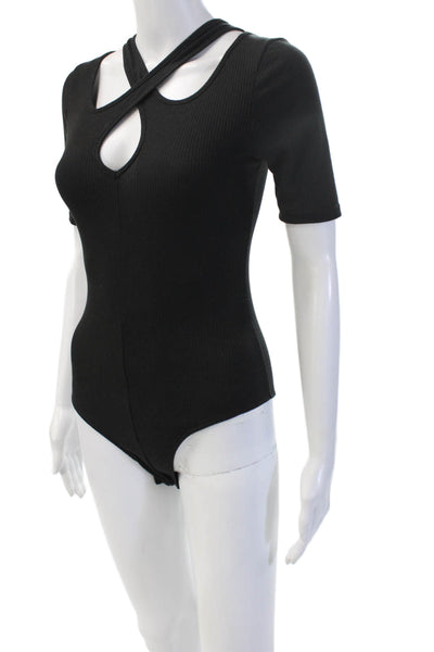 Aqua Women Black Polyester V Neck Sleeveless Solid Bodysuit Size XS