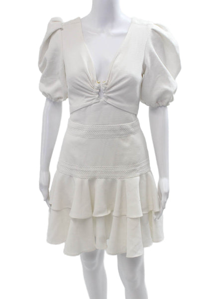PatBO Women Fit & Flare Mini Dress White V-Neck Short Sleeve Button Size 2