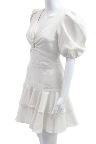 PatBO Women Fit & Flare Mini Dress White V-Neck Short Sleeve Button Size 2