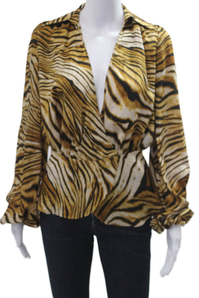 Ronny Kobo Women Blouse Beige Animal Print Collared Longsleeve Polyester Size XS