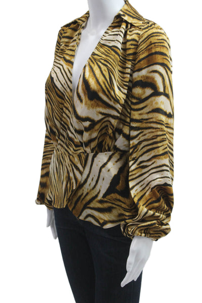 Ronny Kobo Women Blouse Beige Animal Print Collared Longsleeve Polyester Size XS