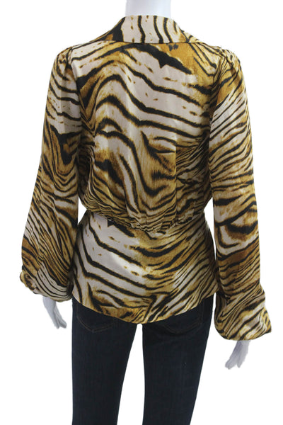 Ronny Kobo Women Blouse Beige Animal Print Collared Longsleeve Polyester Size XS