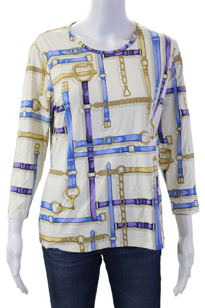J. Mclaughlin Womens Jersey T-Shirt Beige 3/4 Sleeve Horse Print Size L