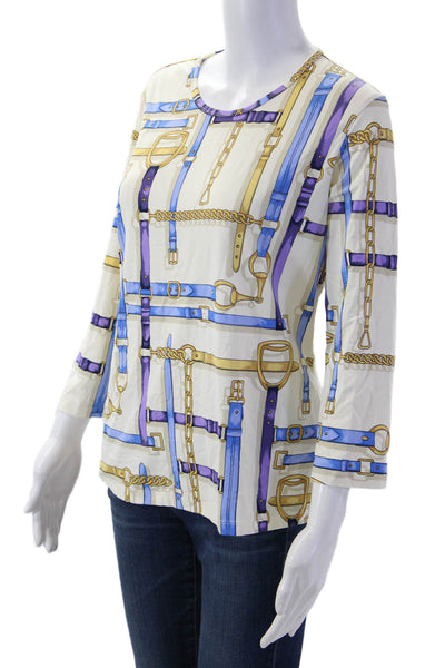 J. Mclaughlin Womens Jersey T-Shirt Beige 3/4 Sleeve Horse Print Size L