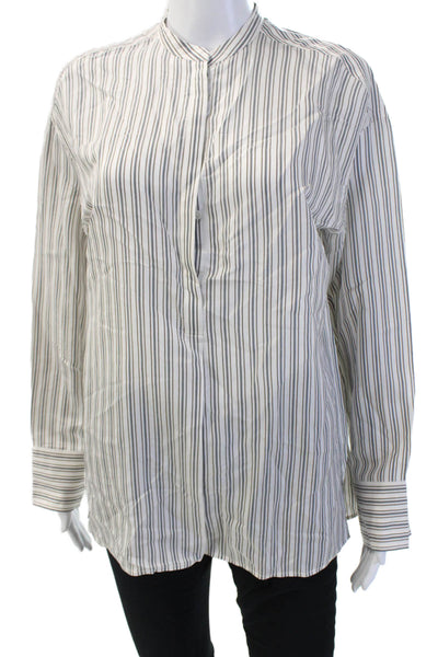 Vince Women Silk Striped Mock Neck Long Sleeve Blouse Button Size XS