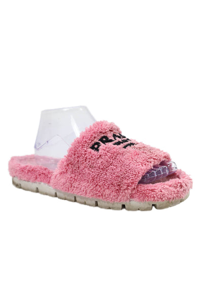 Prada Womens Single Strap Logo Terry Slide Sandals Pink Black Size 39