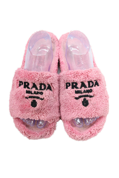 Prada Womens Single Strap Logo Terry Slide Sandals Pink Black Size 39