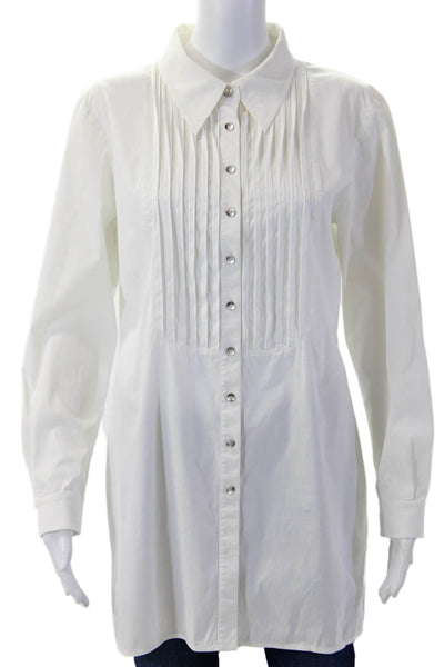 St. John Women Tunic Blouse Collared Button Up White Long Sleeve Size 8