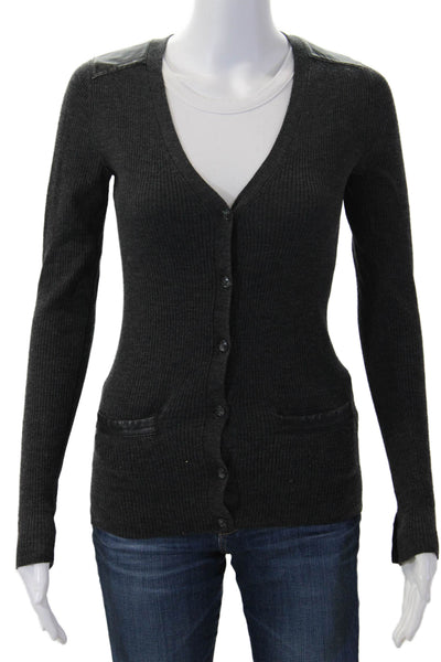 Theory Women Cardigan Dark Gray V-Neck Long Sleeve Wool Blend Size S