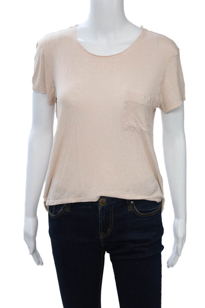 Raquel Allegra Womens Beige Viscose Basic Tee Short Sleeve Round Neck Size 2