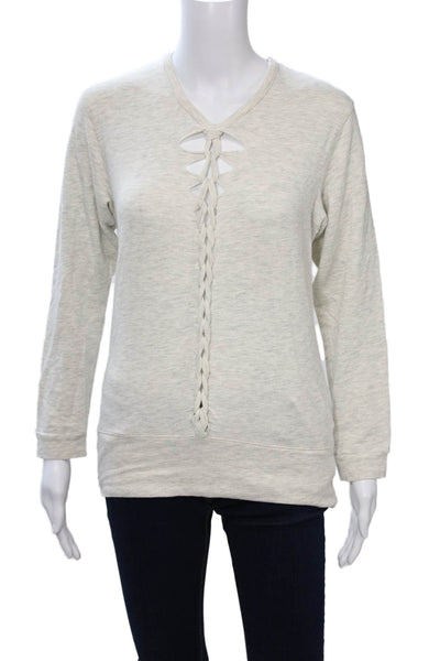 Monrow Womens Beige Lace Up V Neck Sweatshirt 3/4 Sleeve Boho Size S