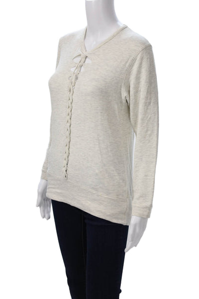 Monrow Womens Beige Lace Up V Neck Sweatshirt 3/4 Sleeve Boho Size S