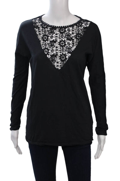 Ragdoll Women Black Floral V-Neck Long Sleeve Cotton Bohemian T-Shirt Size S