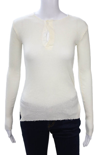 Helmut Lang Womens Basic Crew Neck Long Sleeve White Angora Cotton Top Size XS