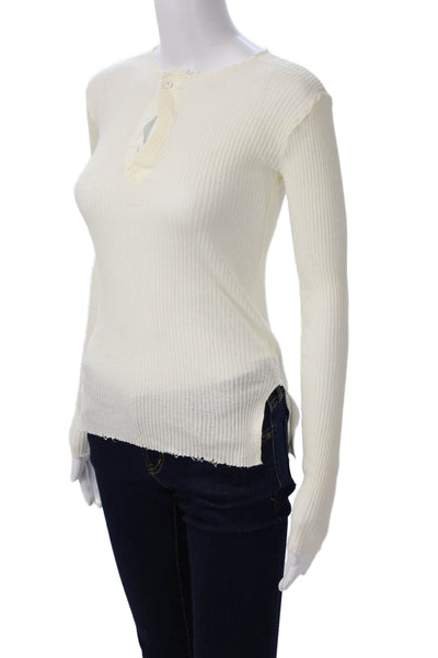 Helmut Lang Womens Basic Crew Neck Long Sleeve White Angora Cotton Top Size XS