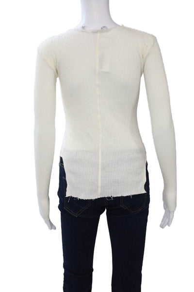 Helmut Lang Womens Basic Crew Neck Long Sleeve White Angora Cotton Top Size XS