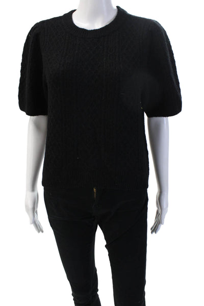 Lilla P Womens Pullover Black Crewneck Alpaca Wool Zip Short Sleeve Size M