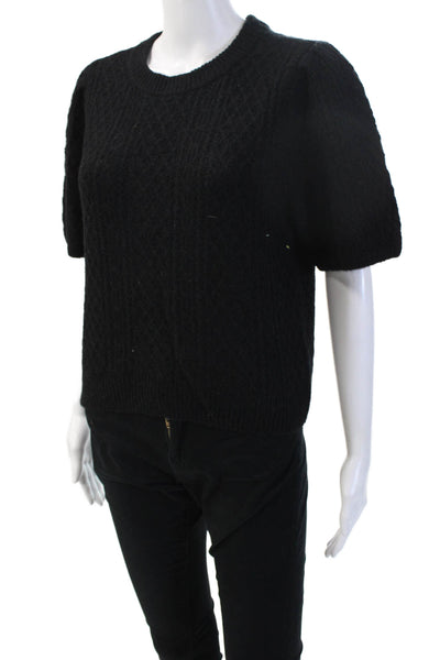 Lilla P Womens Pullover Black Crewneck Alpaca Wool Zip Short Sleeve Size M