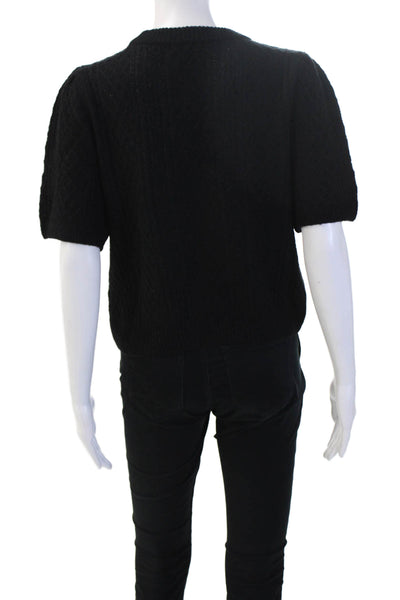 Lilla P Womens Pullover Black Crewneck Alpaca Wool Zip Short Sleeve Size M