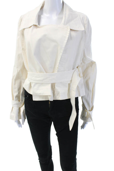 Nour Hammour Women Trench Coat White Buckle Long Sleeve Organic Cotton Size 40
