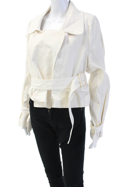 Nour Hammour Women Trench Coat White Buckle Long Sleeve Organic Cotton Size 40