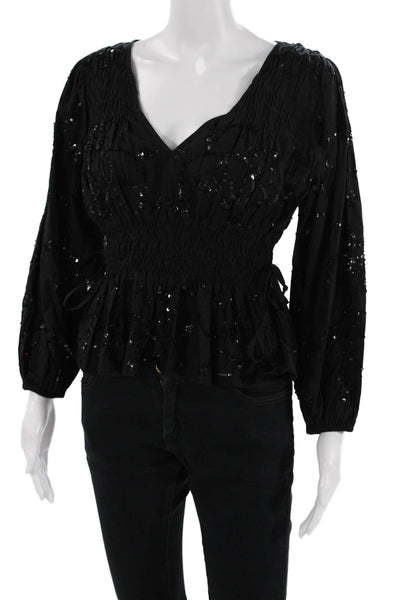 Love The Label Womens Black V-Neck Bohemian Cotton Blouse Long Sleeve Size S