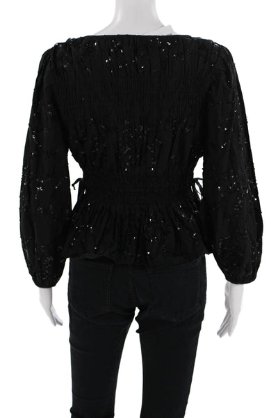 Love The Label Womens Black V-Neck Bohemian Cotton Blouse Long Sleeve Size S