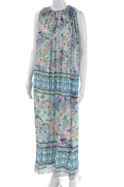 Frances Valentine Women Maxi Shift Dress Blue Silk Floral Sleeveless Size XS