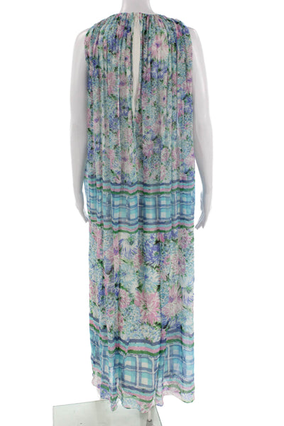 Frances Valentine Women Maxi Shift Dress Blue Silk Floral Sleeveless Size XS