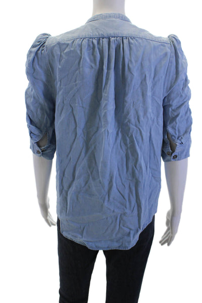 Muche Et Muchette Women Tencel Boho Blue Button Up Blouse 3/4 Sleeve Size S
