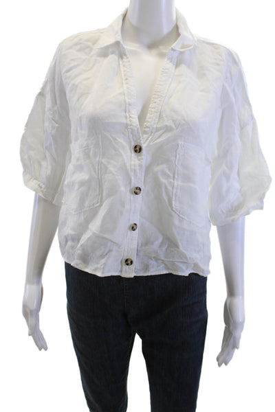 Zara Women Cropped Button Up Cotton Blouse White 3/4 Sleeve Size XS