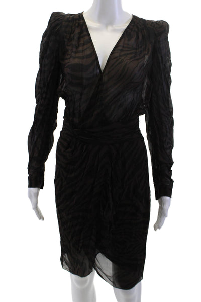 Ba&Sh Womens Wrap Dress Black Animal Print V Neck Long Sleeve Short Size 1