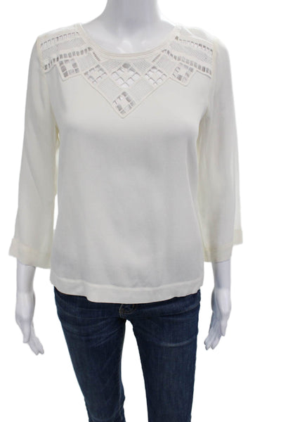 Rebecca Taylor Women White Rayon Round Neck 3/4 Sleeve Blouse Size 4