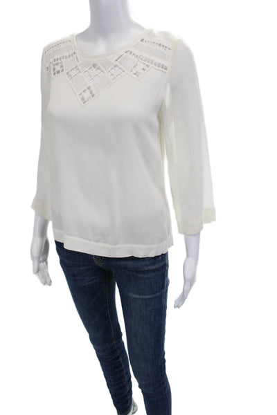 Rebecca Taylor Women White Rayon Round Neck 3/4 Sleeve Blouse Size 4